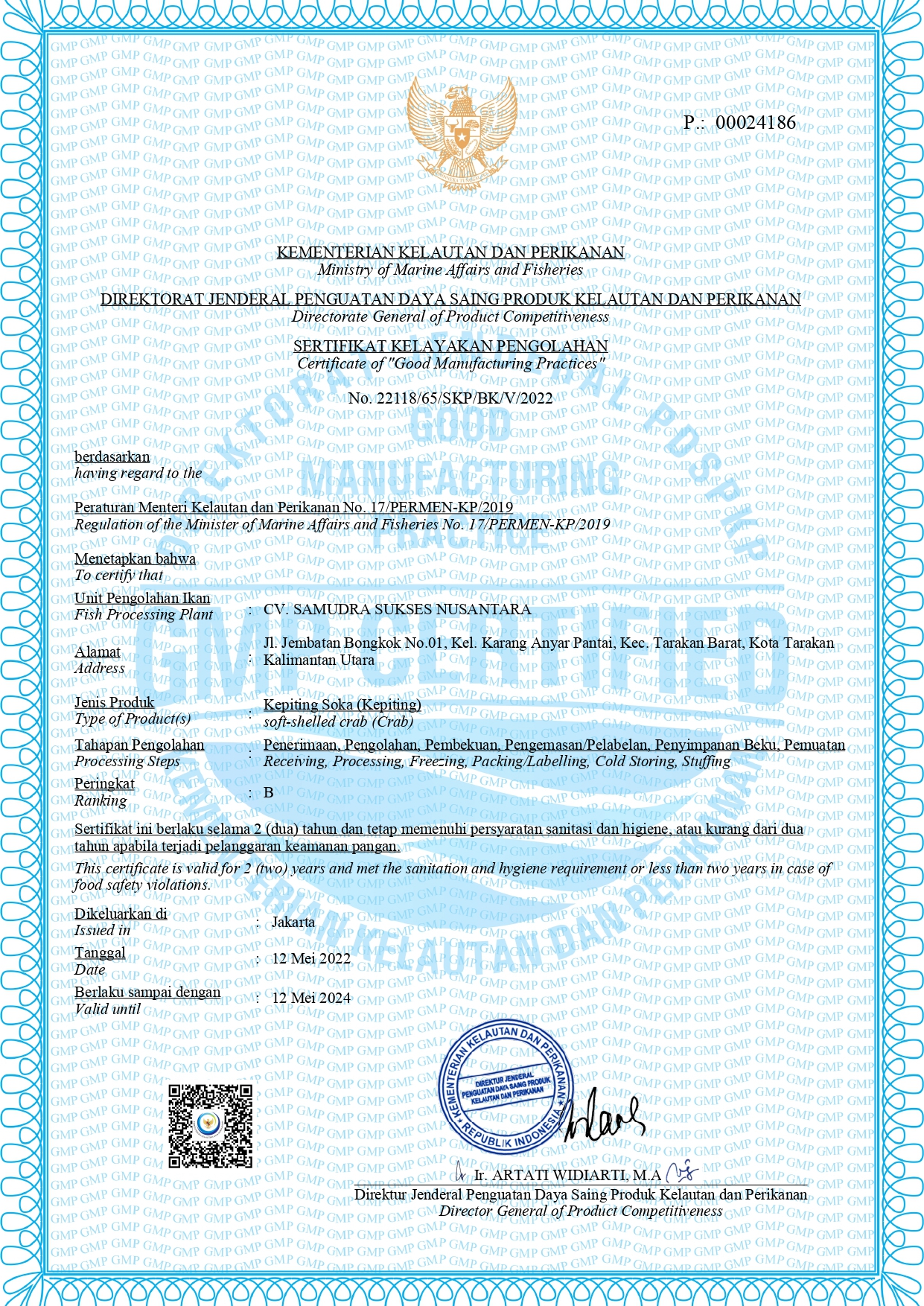 Certificate of "Good Manufacturing Practices" Soka Crab