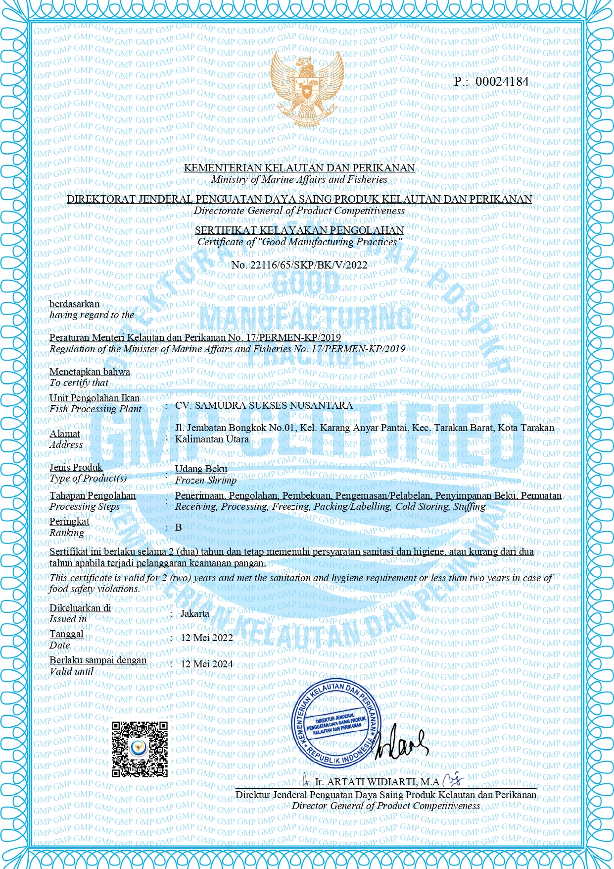 Certificate of "Good Manufacturing Practices" Shrimp Frozen